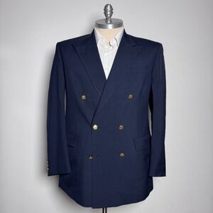 Hart Schaffner & Marx Blazer Mens 43L Navy Blue Solid Double Breasted Peak Lapel